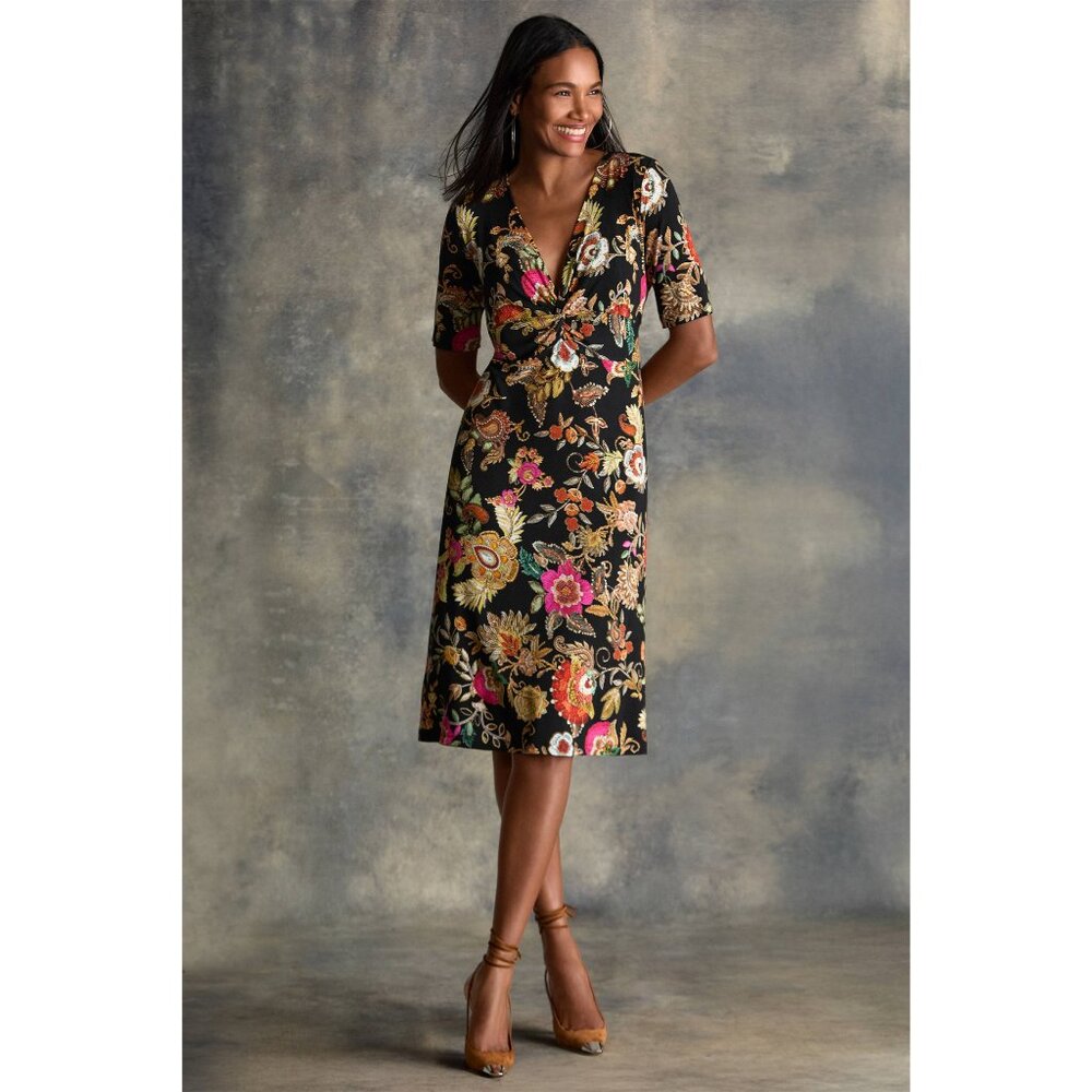 Johnny Was Janie Favorite Lowri Twist Front Midi Swing Dress Floral Black L NEW